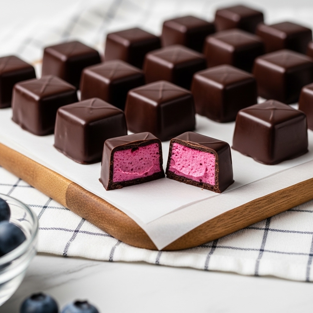 The image shows a white tray topped with white parchment paper holding several pieces of dark chocolate candies arranged in neat rows. Two pieces in the front are cut in half, revealing a smooth, bright pink filling inside a shiny, dark chocolate outer layer with thin lines etched on top. The tray is placed on a slightly wrinkled gray checkered cloth over a white marbled surface. In the lower foreground, a clear glass bowl of fresh blueberries is partially visible. Photo taken with an iphone --ar 4:5 --v 7