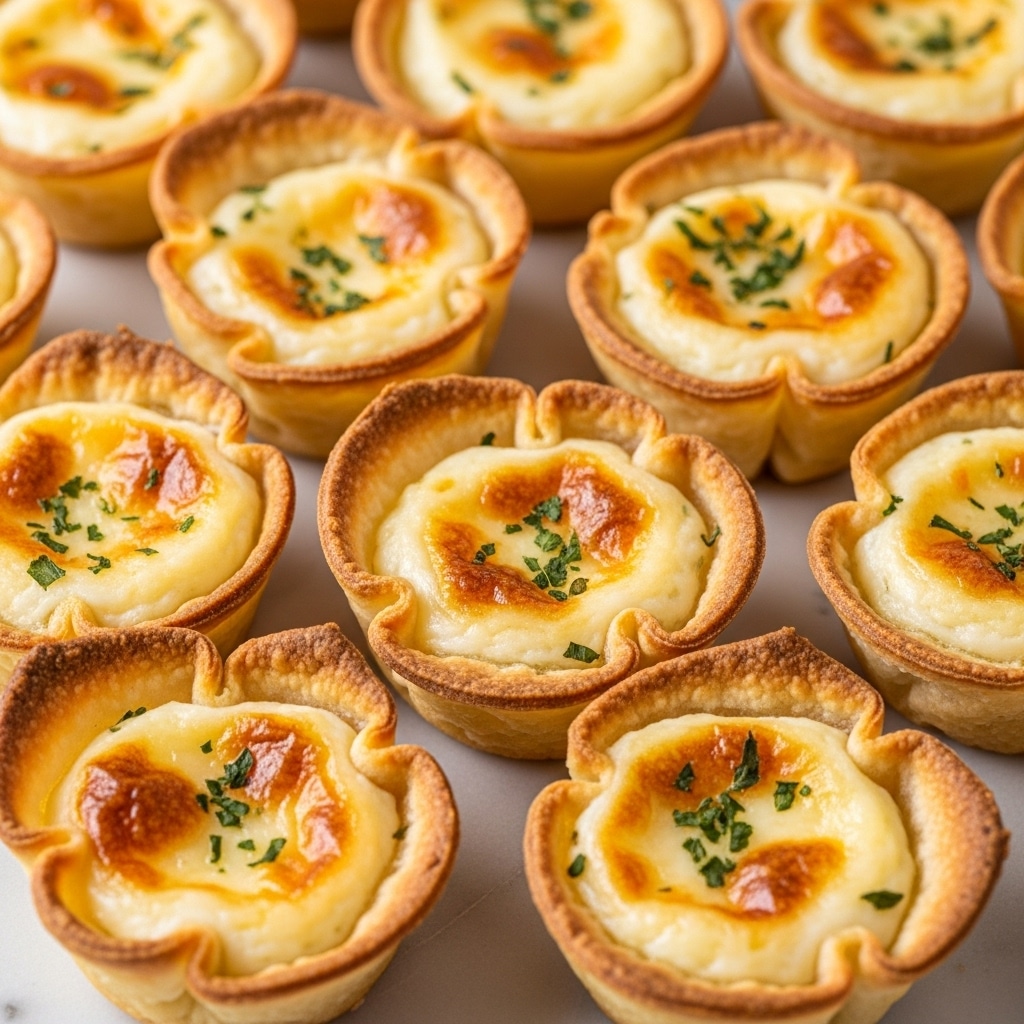 The image shows a cluster of golden brown mini tartlets arranged closely together, each with a crispy, slightly uneven shell that curls up at the edges and fills the focus. Inside each tartlet is a creamy, melted cheese layer topped with small browned spots of baked cheese and sprinkled with finely chopped green herbs. The tartlets rest on a white marbled surface that contrasts with their warm tones, making the texture of the crispy shells and gooey cheese visible. The photo taken with an iphone --ar 4:5 --v 7