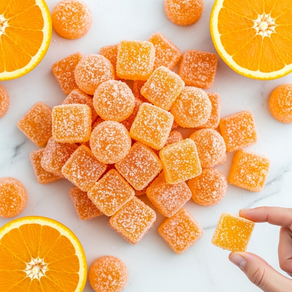 The image shows a white tray filled with many small orange jelly cubes covered lightly with sugar crystals, giving them a sparkling look. The jelly pieces are mostly cube-shaped with smooth, translucent surfaces allowing light to pass through and show a bright orange color inside. Around the jelly cubes, there are several sliced orange halves with visible juicy segments and a shiny surface, arranged evenly along the edges of the tray. In the bottom right corner, a woman's hand is gently holding one jelly cube between her fingers, adding a human touch to the scene. The tray rests on a white marbled surface that adds a clean and elegant backdrop to the vibrant colors of the jelly and oranges. photo taken with an iphone --ar 4:5 --v 7