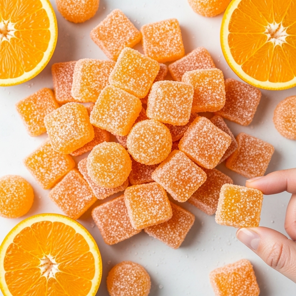 A close-up image of many small, square and round orange jelly candies covered in sugar crystals, arranged in a pile on a white marbled surface. Around the candies, there are fresh, halved oranges with bright orange flesh and white centers. At the bottom right corner, a woman's hand is gently holding one square candy by its edge, showing its translucent, jelly-like texture. The overall colors are bright orange and white with a soft, sugary sparkle on the candies' surface. Photo taken with an iphone --ar 4:5 --v 7