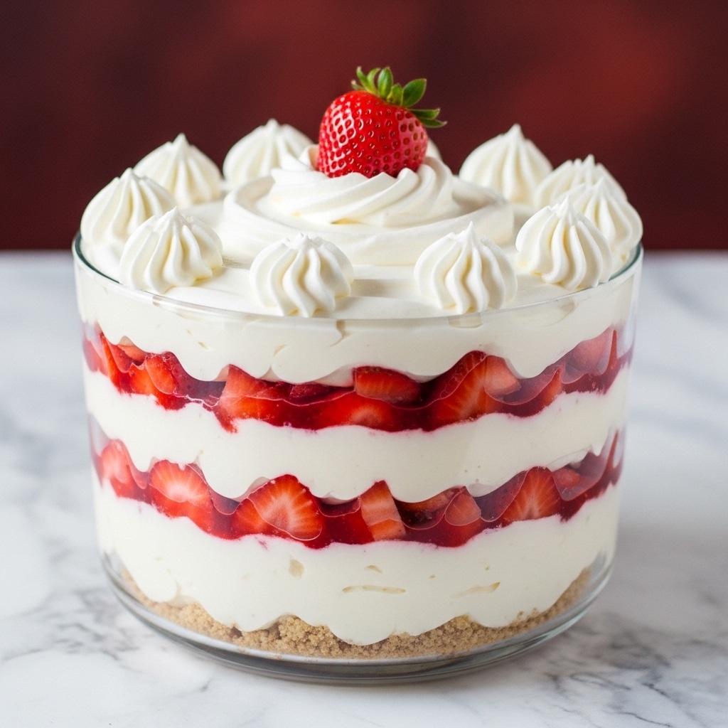 The image shows a clear glass bowl filled with a strawberry cheesecake trifle in three visible layers: the bottom layer is white creamy cheesecake, the middle layer is chopped strawberries with a red syrup, and the top layer is thick white whipped cream decorated with small whipped cream peaks and a whole red strawberry on top. The bowl sits on a white marbled textured surface with a blurred dark red background. photo taken with an iphone --ar 4:5 --v 7