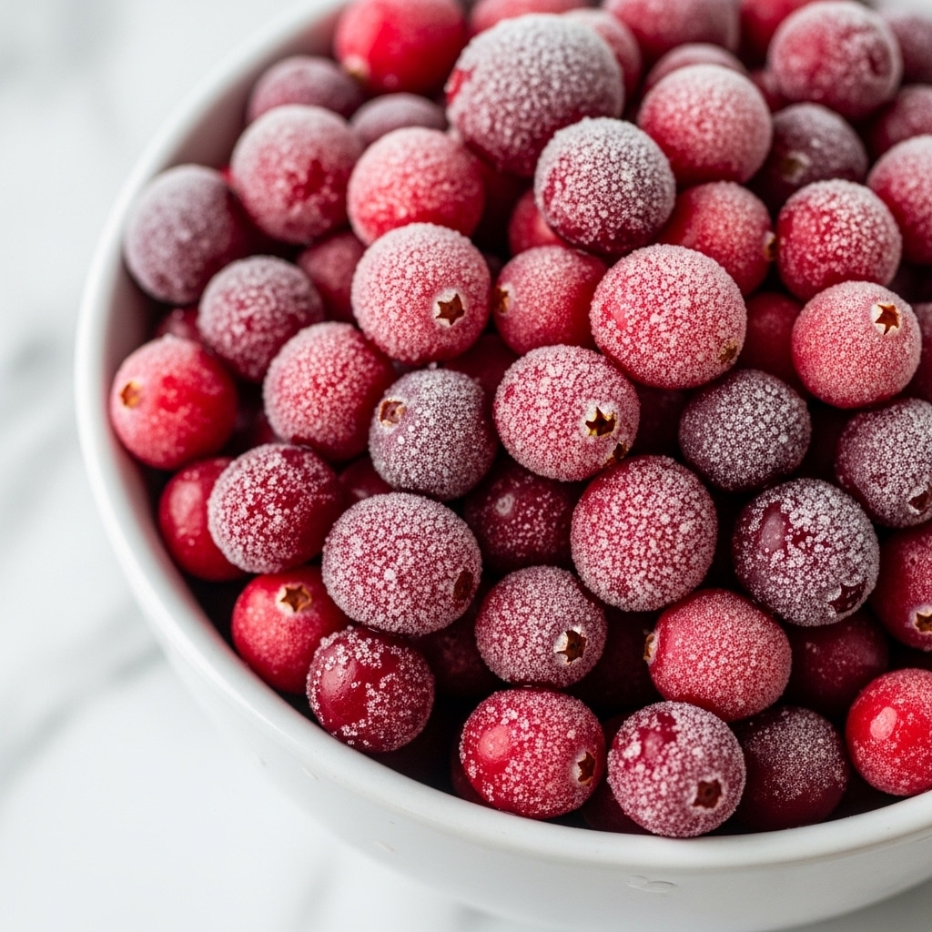 A close-up of a white bowl filled with many shiny red cranberries covered in small sparkling ice crystals, giving a frosty texture. The cranberries are tightly packed, with some cranberries darker red and others bright red. The ice crystals catch the light, making the fruit look fresh and cold. The bowl sits on a white marbled surface, showing just the top edge of the bowl and the berries rising high inside. photo taken with an iphone --ar 4:5 --v 7