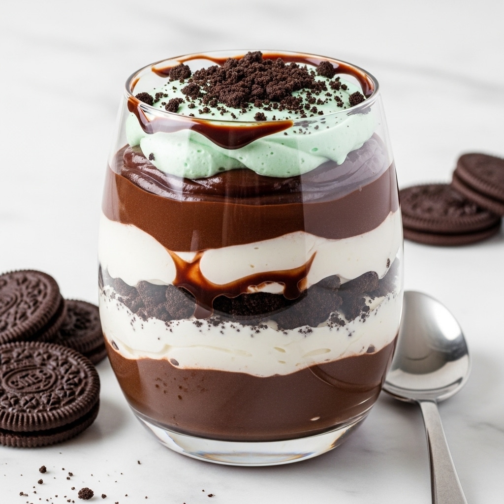 The image shows three clear glasses filled with layered dessert. Each glass has five visible layers: the bottom layer is dark brown chocolate, topped with a white cream layer, then a dark cookie crumb layer, followed by a thick dark chocolate layer, and finally a light green minty cream layer with dark chocolate swirls. The dessert is topped with dark cookie crumbs. The glasses are on a white marbled surface, with some chocolate sandwich cookies scattered nearby. A large bottle of Baileys whiskey is blurred in the background. Photo taken with an iphone --ar 4:5 --v 7
