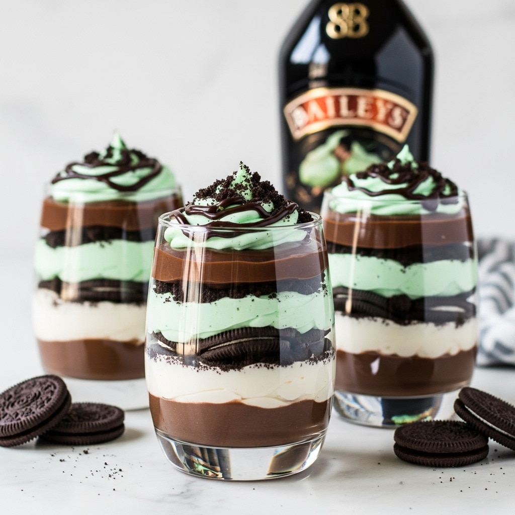 A glass dessert with five visible layers is shown on a white marbled surface. The bottom layer is dark brown chocolate pudding, followed by a white creamy layer with crushed dark cookie crumbs on top. Above that is a thick, smooth dark chocolate layer, then another white creamy layer with a thin swirl of chocolate syrup inside. The top layer is a light green mint cream covered with more dark crushed cookie crumbs. The glass is clear and rounded, with chocolate smudges on the inside. Nearby, whole sandwich cookies and a silver spoon rest on the surface. Photo taken with an iphone --ar 4:5 --v 7