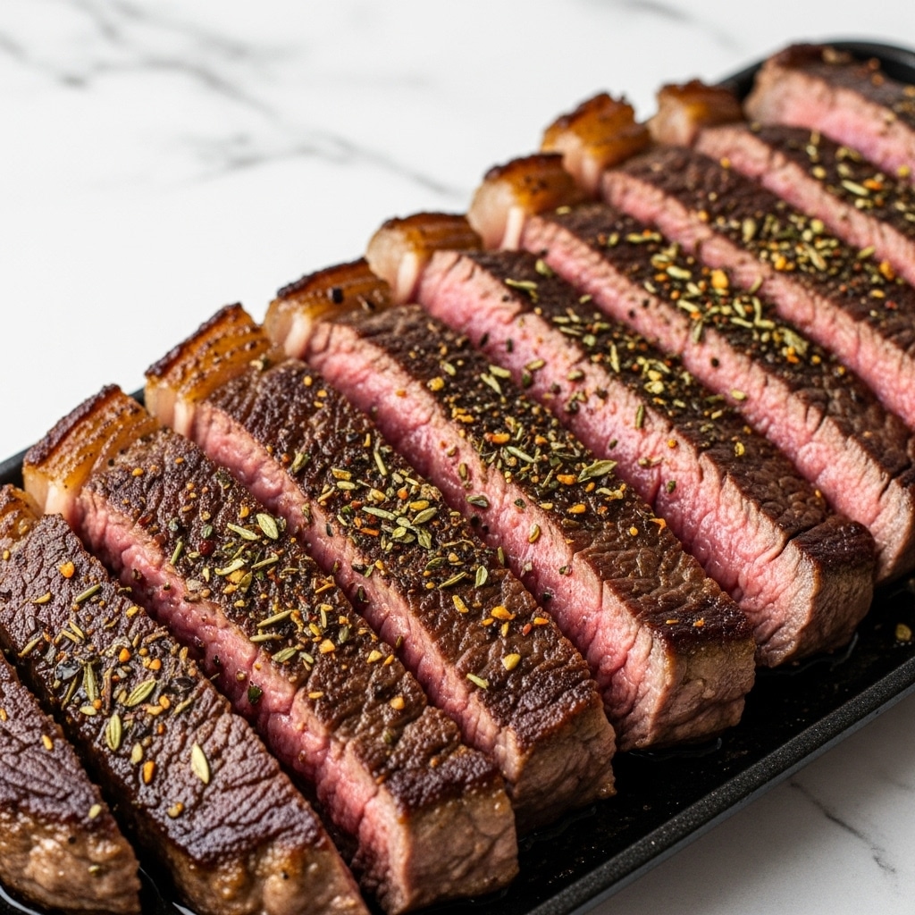 A white plate with a large piece of grilled steak cut into thick slices covering most of the center. The steak has visible grill marks and a juicy, slightly charred texture with a reddish-pink inside. To the right side of the steak, there are green beans with a smooth, fresh look. At the top left of the plate, there are several golden-brown roasted potato slices with crispy edges. The plate is set on a white marbled surface. photo taken with an iphone --ar 4:5 --v 7