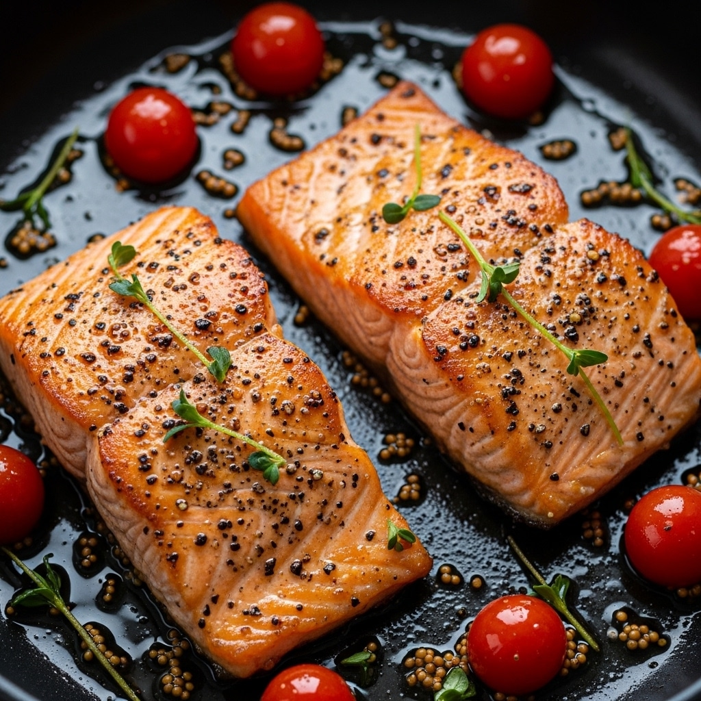 Two golden brown salmon fillets with a crispy, slightly charred surface covered in small black pepper flakes and green herb sprigs, cooked in a black pan with shiny oil. Around them are small, glistening red cherry tomatoes and scattered mustard seeds, with one small green herb stem on each fillet. The texture on the fish shows clear grilling marks and tender inside. photo taken with an iphone --ar 4:5 --v 7