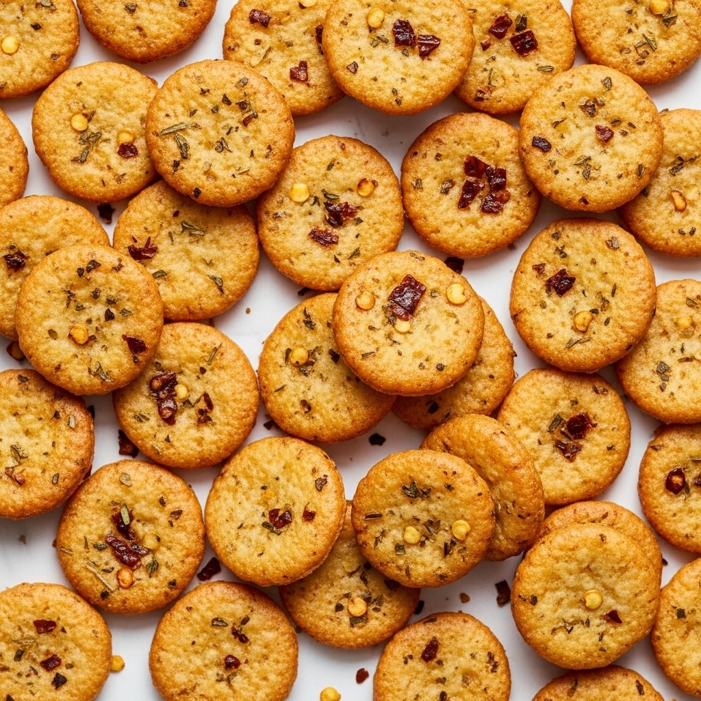 The image shows many small, round, golden-brown crackers that have a slightly rough texture. The crackers are scattered closely together, with some pieces showing herb flakes and small bits of reddish-brown chili pepper sprinkled on top. The surface of the crackers looks crispy and lightly oily, reflecting light softly. The background is a white marbled texture. photo taken with an iphone --ar 4:5 --v 7
