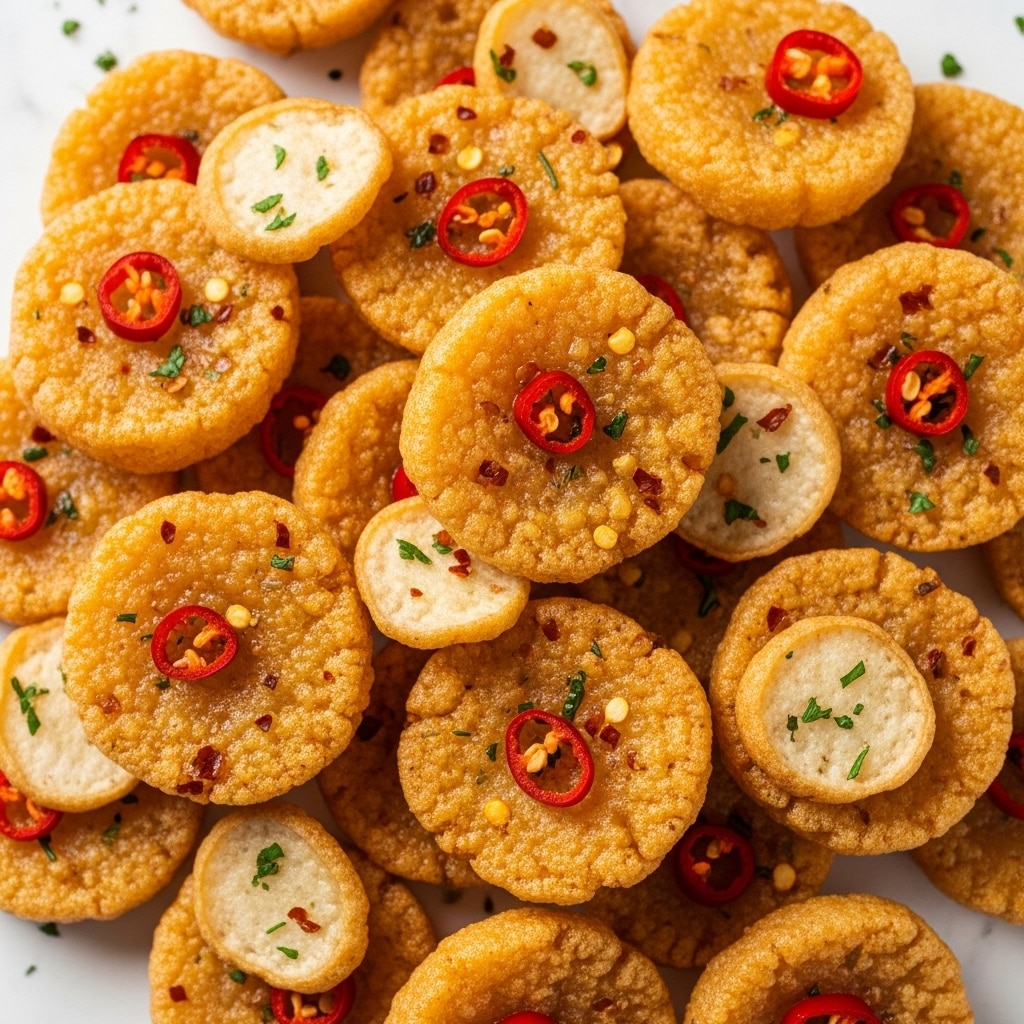 The image shows many small, round, golden fried snacks piled together. Each piece has a rough texture with crispy edges, and some are topped with small red chili flakes and tiny bits of herbs. The snacks have a shiny, slightly oily surface with light and dark golden areas, showing a crispy and crunchy look. There are thin, lighter-colored slices mixed in, which have a drier texture and some visible green herbs sprinkled on them. The background is a white marbled texture. photo taken with an iphone --ar 4:5 --v 7