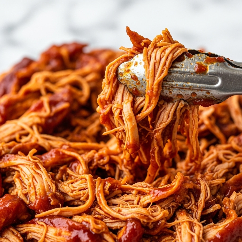 The image shows close-up shredded chicken coated in a thick, shiny barbecue sauce with a deep reddish-brown color. The chicken pieces are soft and fibrous, piled together with visible sauce pooling slightly underneath. In the middle right, metal tongs hold a few strands of the sauced chicken, showing texture and glossiness from the sauce. The background features a white marbled texture that is out of focus, enhancing the rich color of the chicken. photo taken with an iphone --ar 4:5 --v 7