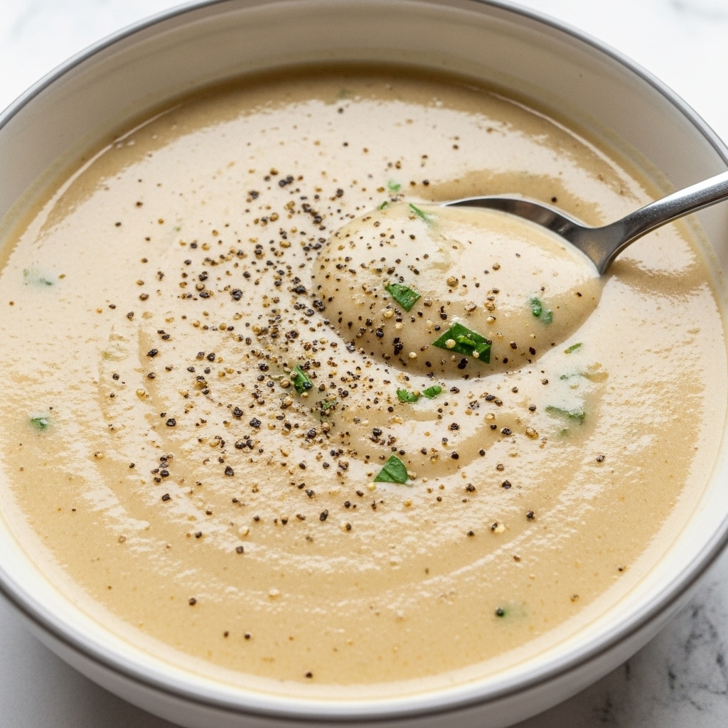 Four pieces of cooked chicken breast with a light brown sear on the outside are arranged inside a shallow white pan filled with creamy, light yellow sauce. The sauce has a smooth texture with small specks of black pepper scattered on top of both the sauce and chicken. The scene is set on a white marbled surface, highlighting the warm colors of the dish. photo taken with an iphone --ar 4:5 --v 7