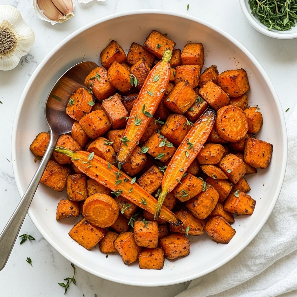 A white bowl is filled with roasted cubes of orange sweet potatoes and carrot slices, all showing a slightly charred texture with a shiny, glazed look from seasoning. The pieces are mixed together and topped with small green thyme leaves scattered across the dish. A silver spoon rests inside the bowl on the left side. The bowl sits on a white marbled textured surface with some pieces of garlic and a small white bowl of herbs visible in the background. A white cloth is partially visible at the bottom right corner. photo taken with an iphone --ar 4:5 --v 7