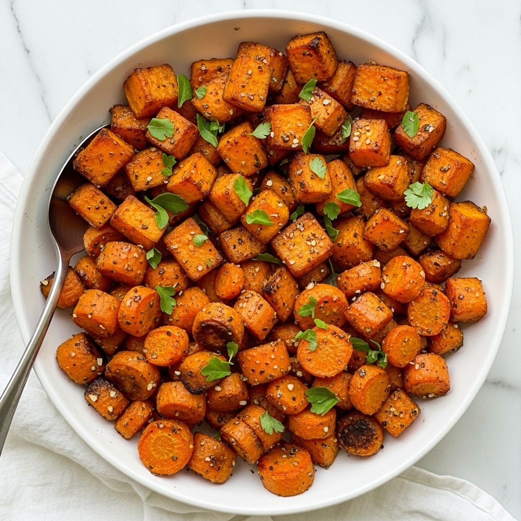 A white bowl filled with roasted vegetable pieces showing two layers: the bottom layer has medium-sized, orange carrot chunks with a slightly shiny, roasted texture, some with darker roasted edges, and the top layer has larger, square-shaped sweet potato pieces with a caramelized, golden-brown surface, all sprinkled with small fresh green herb leaves and tiny bits of seasoning. The bowl is set on a white marbled background with a white cloth partially visible at the bottom edge, and a metal spoon rests inside the bowl on the left side. photo taken with an iphone --ar 4:5 --v 7