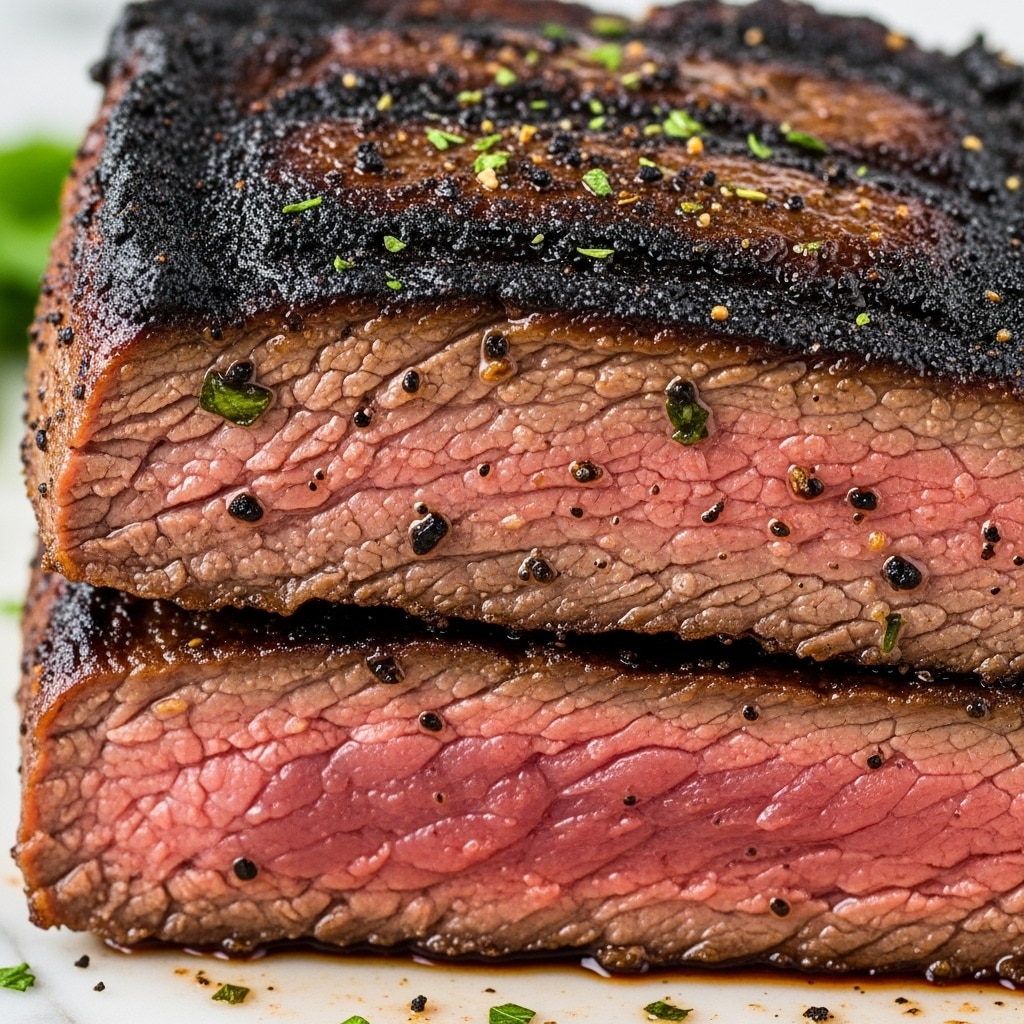A close-up view of a thick slice of grilled meat showing three visible layers; the top layer is dark and charred with a rough texture, below it a medium brown cooked section with a slight crust, and the bottom layer is a pink, juicy center indicating medium-rare doneness. The meat surface glistens with juices and has scattered black specks and small pieces of green herbs. The background shows hints of a white marbled texture. photo taken with an iphone --ar 4:5 --v 7