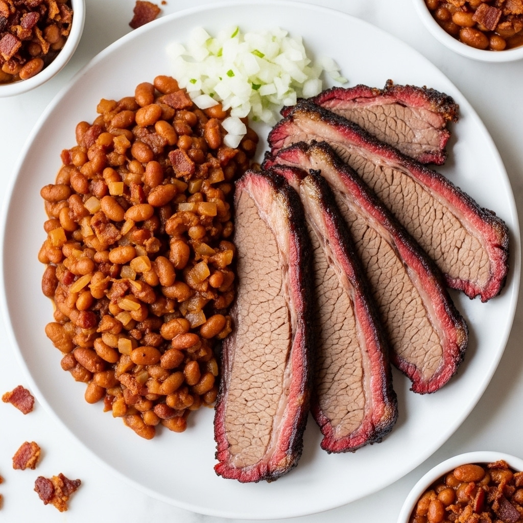 A white plate holds five thick slices of smoked brisket arranged in a slight fan on the right side, showing a mix of dark brown charred edges and a pinkish, juicy center with visible meat fibers. On the left side, there is a generous heap of baked beans mixed with small pieces of bacon and diced onions, all coated in a rich, dark reddish-brown sauce. Near the top edge of the plate, a small pile of white chopped onions adds texture. The dish is set on a white marbled surface with small bowls of crispy bacon bits and more baked beans partially visible around the plate. photo taken with an iphone --ar 4:5 --v 7