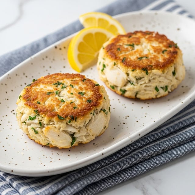 Two roasted cauliflower florets sit side by side on a white oval plate with a speckled edge, each floret golden brown with crispy, textured surfaces showing small pieces of herbs mixed in. Nestled partly under the front floret is a bright yellow lemon slice. The plate rests on a soft, striped cloth that adds a cozy touch to the scene. In the blurred background, a white baking tray holds more roasted cauliflower, and there is a ceramic vase with delicate white flowers against a white marbled surface. photo taken with an iphone --ar 4:5 --v 7