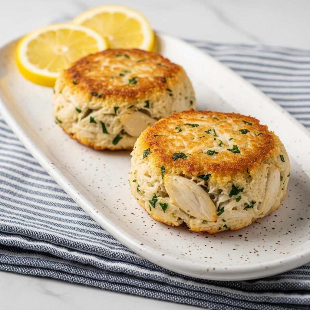 The image shows two golden-brown crab cakes placed on a long, oval white speckled plate. Each crab cake is roughly round with a textured surface made up of white crab meat strands, light golden brown crust, and dark green herb bits scattered throughout. Two thin slices of lemon are placed behind the crab cakes, adding a touch of yellow color to the scene. The plate rests on a soft, folded blue and white striped cloth that sits on a white marbled surface. The overall look is fresh and inviting, with the crab cakes as the clear focus. photo taken with an iphone --ar 4:5 --v 7