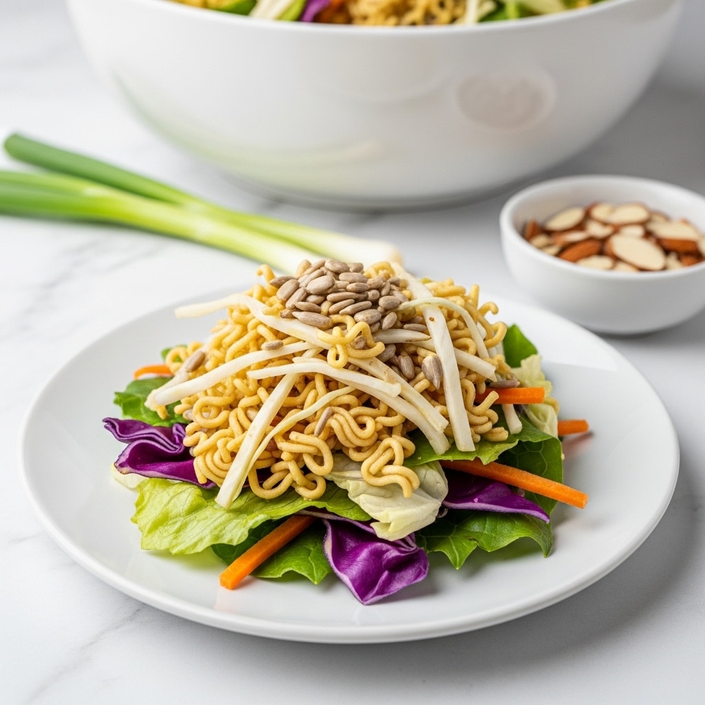 The dish shows a small pile of crunchy noodle salad on a white plate, featuring several layers: the bottom layer has light green and purple cabbage leaves with some thin orange carrot slices; on top, there are golden broken ramen noodles mixed with dark brown sunflower seeds and thin white cabbage strips, all coated lightly by a glossy dressing. In the background, there is a large white bowl filled with more of the salad, a few green onions lying flat, and a small white bowl holding sliced almonds, all set on a white marbled surface. photo taken with an iphone --ar 4:5 --v 7