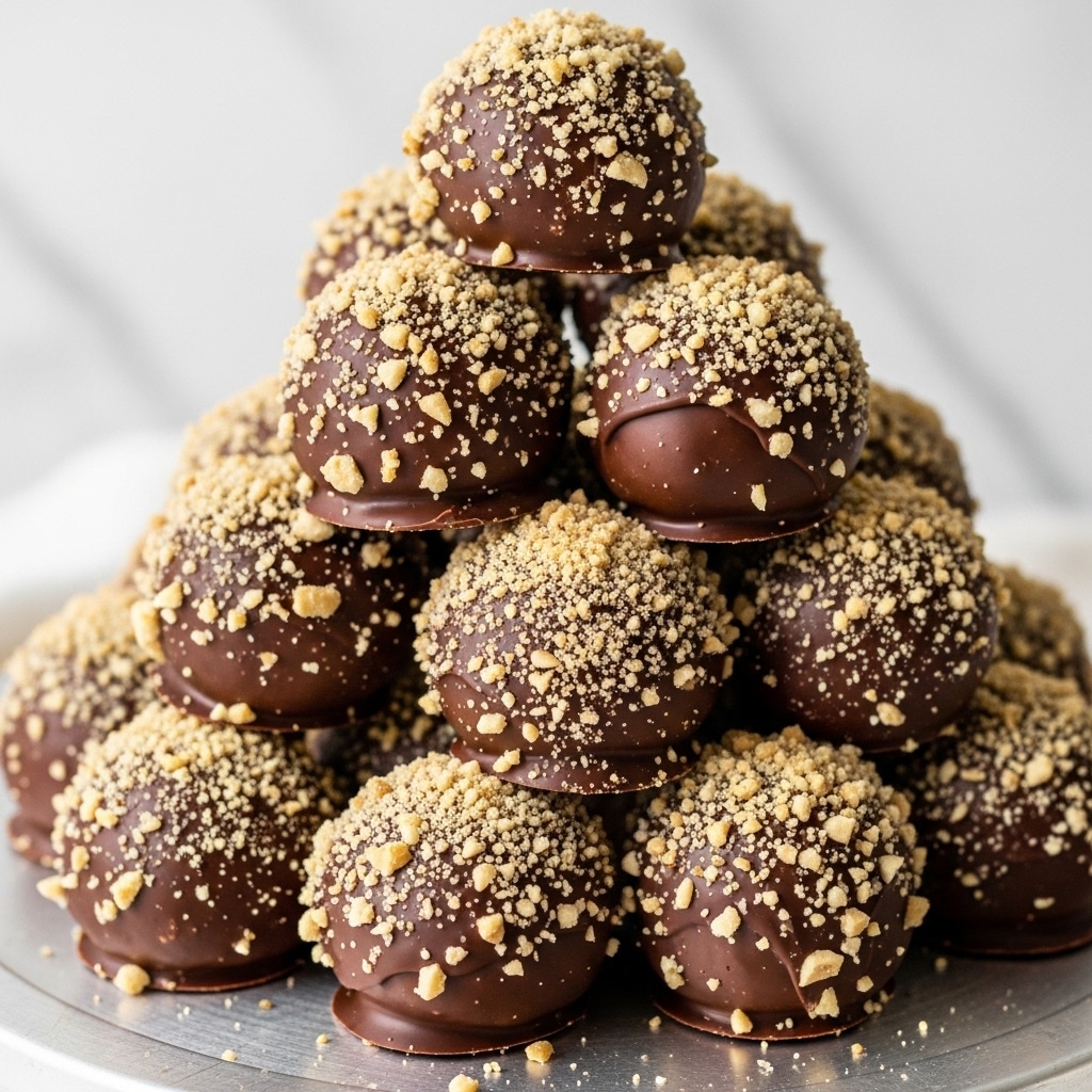 A pile of round chocolate truffles stacked in a pyramid shape on a silver cake stand, each truffle coated in a smooth, dark brown chocolate layer and sprinkled generously with crushed nuts giving a rough, textured look. The nuts are light beige and golden brown, contrasting with the shiny chocolate covering. The truffles vary slightly in nut coverage, some nearly fully covered while others have nuts scattered unevenly on top. The background shows a soft white marbled texture and the overall image gives a cozy, rich feeling. Photo taken with an iphone --ar 4:5 --v 7
