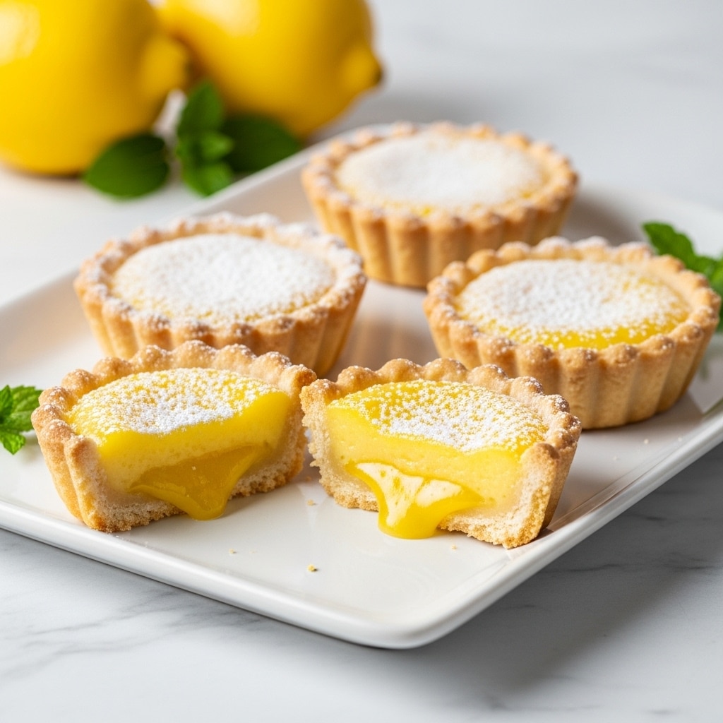 The image shows four small lemon tarts placed on a white rectangular plate on a white marbled surface. Each tart has a golden-brown crust with a slightly scalloped edge and is topped with powdered sugar. One tart is cut in half, revealing a smooth, bright yellow lemon filling with a glossy texture inside. In the background, two whole yellow lemons and small green mint leaves are softly out of focus. The lighting highlights the shiny texture of the filling and the flaky crust. Photo taken with an iphone --ar 4:5 --v 7