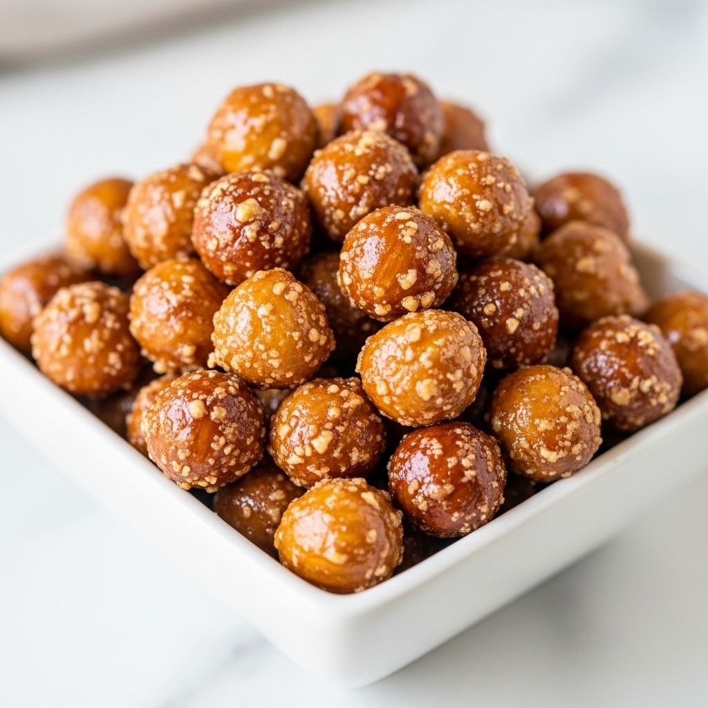 A small white square bowl filled with multiple small, round, crunchy nuts coated in a dark brown, rough sugary layer. The nuts are piled high inside the bowl, with a few scattered around on a white marbled surface in the background. The texture looks crunchy and sugary, with a mix of golden brown and dark brown colors on the nuts. photo taken with an iphone --ar 4:5 --v 7