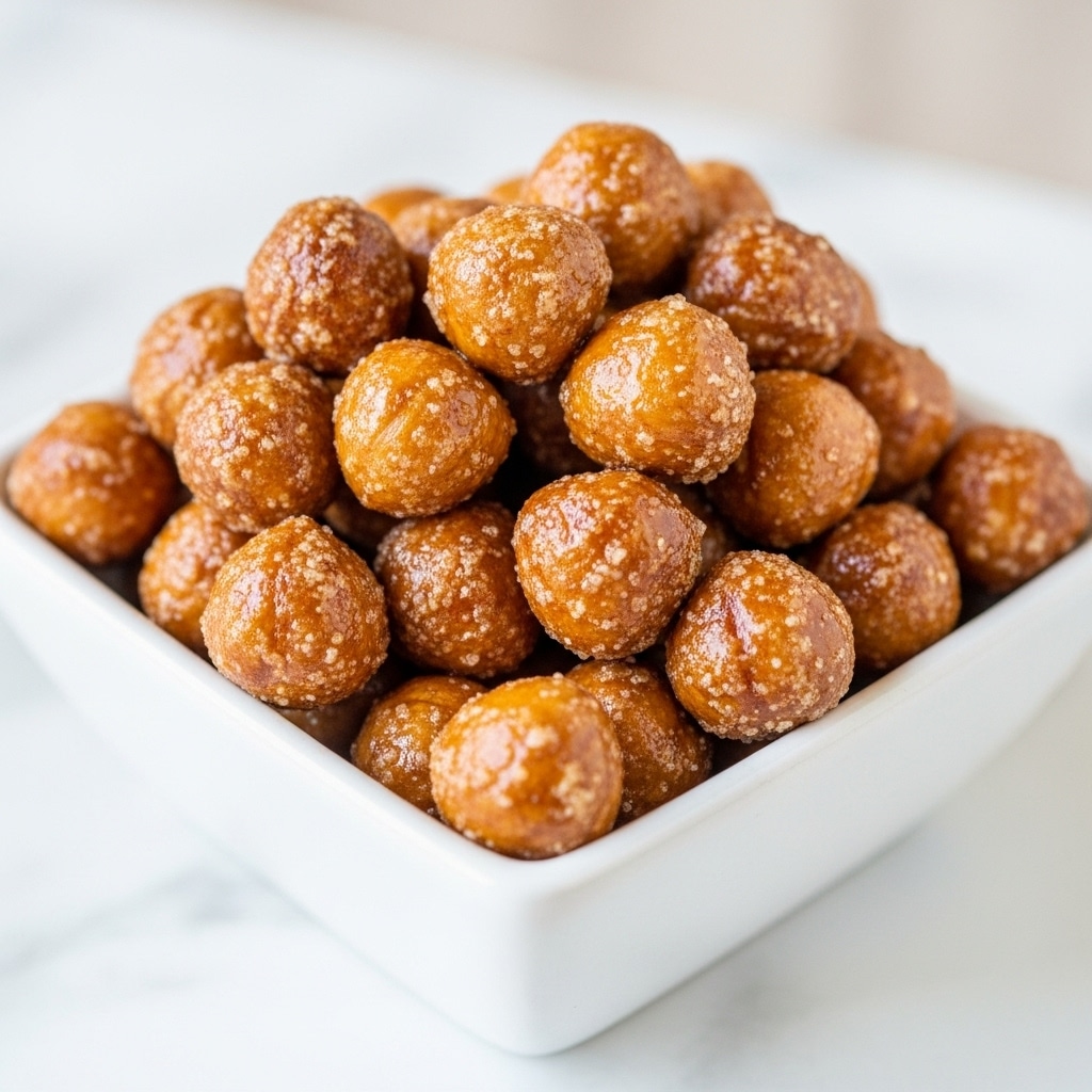 A small white square bowl filled with a pile of caramelized hazelnuts that are golden brown and shiny with a light sugar coating. The hazelnuts are clustered closely, showing a mixture of darker and lighter browns with a rough, crunchy texture. The bowl sits on a white marbled surface, and the background is softly blurred in light beige tones. photo taken with an iphone --ar 4:5 --v 7