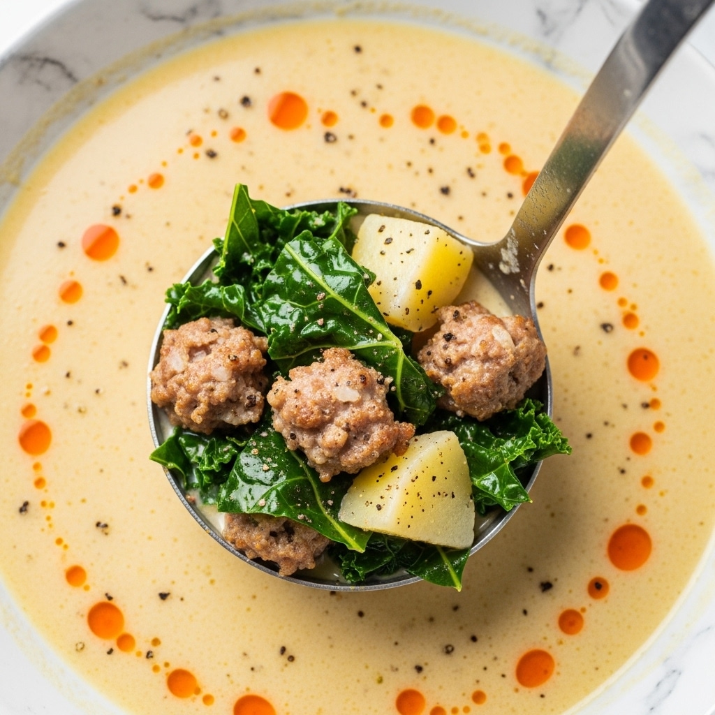 Two deep gray bowls filled with creamy soup sit on a light wooden board over a white marbled surface. Each bowl has a rich layer of light cream broth mixed with chunks of golden brown cooked sausage, tender green kale leaves, and soft yellow potato pieces with skins on. Thin shavings of pale parmesan cheese are scattered on top, sprinkled with coarse black pepper. A bronze spoon rests inside each bowl. Pieces of crusty, golden bread with a rough texture lean against the bowls and lie scattered around. Two green-tinted glasses with ice and water are nearby, accompanied by a green wine bottle partially visible. Photo taken with an iphone --ar 4:5 --v 7