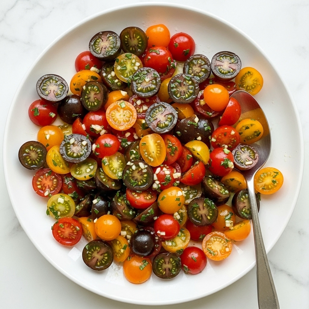 A white rectangular bowl filled with a mixed salad of halved cherry tomatoes in red, orange, yellow, and dark purple colors, topped with chopped fresh green basil leaves scattered evenly across the tomatoes. The bowl sits on a white marbled surface, and the tomatoes look juicy and fresh with a glossy texture. photo taken with an iphone --ar 4:5 --v 7