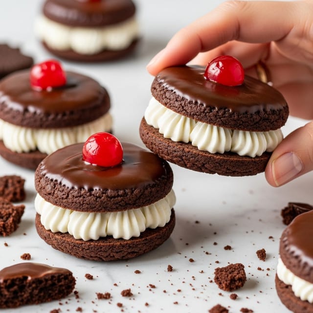 The image shows chocolate sandwich cookies with three clear layers: the bottom layer is a dark brown chocolate cookie with a rough texture, the middle layer is smooth white cream piped thickly with small swirls, and the top layer is another chocolate cookie covered with glossy melted chocolate and a bright red cherry in the center. The cookies are arranged on a surface with a white marbled texture, with a woman's hand holding one cookie from the side. Crumbs of chocolate cookie are scattered around. Photo taken with an iphone --ar 4:5 --v 7