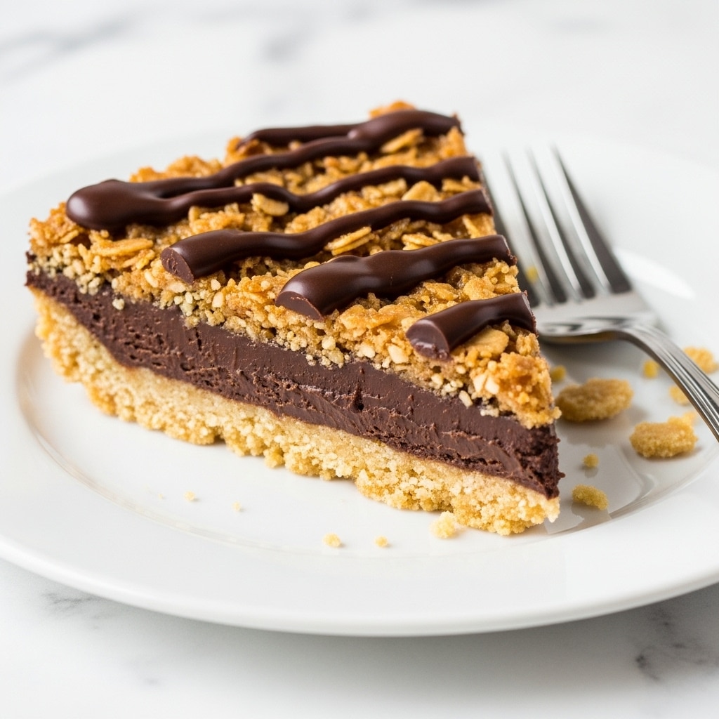The image shows a close-up of a slice of Samoa cookie pie on a white plate sitting on a white marbled surface. The pie has three visible layers: a light golden, crumbly crust at the bottom; a thick, dark chocolate layer in the middle; and a top layer of caramelized coconut with a shiny, sticky texture. This top layer is decorated with thick, smooth, dark chocolate drizzles running across the slice. In the foreground, there is a shiny silver fork resting on the plate near the slice. The second part of the image shows the whole pie with the same three layers, focusing on the top caramel coconut layer with evenly spaced, wavy lines of thick dark chocolate drizzle. The pie is in a round dish that appears white with a clear edge, placed on the white marbled surface. photo taken with an iphone --ar 4:5 --v 7
