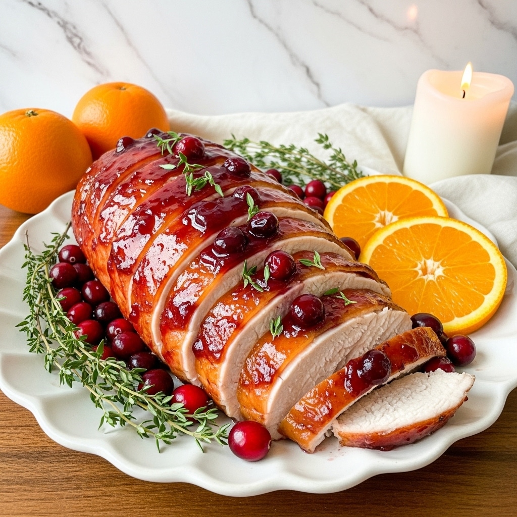 A large piece of glazed roasted turkey breast is sliced and laid on a white plate, showing juicy white meat inside. The outside is shiny with a sticky, brown glaze mixed with small red berry pieces and sprinkled with fresh green thyme leaves. Around the turkey, bright orange slices and whole red berries add color, and fresh green thyme sprigs are scattered on the plate. The scene is set on a white marbled surface, with light reflecting off the smooth glaze to highlight the rich texture of the meat and glaze. photo taken with an iphone --ar 4:5 --v 7