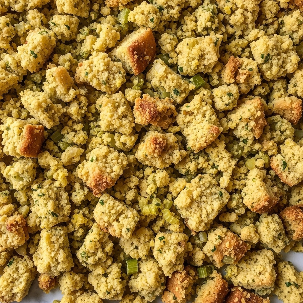 The image shows a close-up view of a crumbly dish with a mixture of small and medium-sized chunky pieces. The layers are uneven and rough, with a golden-brown color from baked bread or stuffing mixed with green bits of chopped vegetables, likely celery or herbs. The texture looks soft with some crunchy chunks throughout, and the colors range from warm yellows and browns to fresh greens. The dish fills the whole frame with a white marbled surface barely visible underneath. Photo taken with an iphone --ar 4:5 --v 7