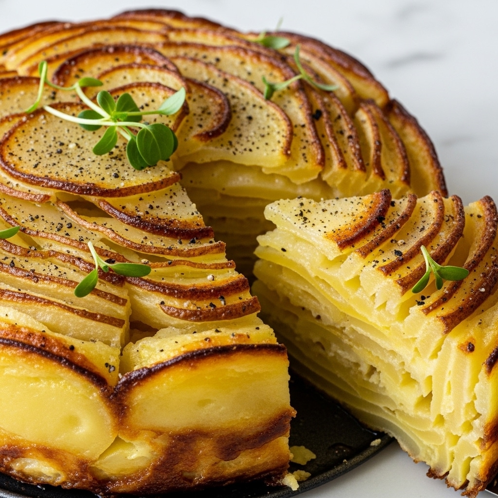A round potato dish with about 8 visible layers of thinly sliced golden potatoes arranged tightly in a circular pattern; the top layers are crispy and browned with some black pepper sprinkled on them. The sides show the smooth, creamy yellow interior layers. The dish is garnished with a few small sprigs of fresh green herbs on top. It sits in a dark pan on a white marbled surface. A slice is cut out, showing the soft inside of the potatoes. photo taken with an iphone --ar 4:5 --v 7