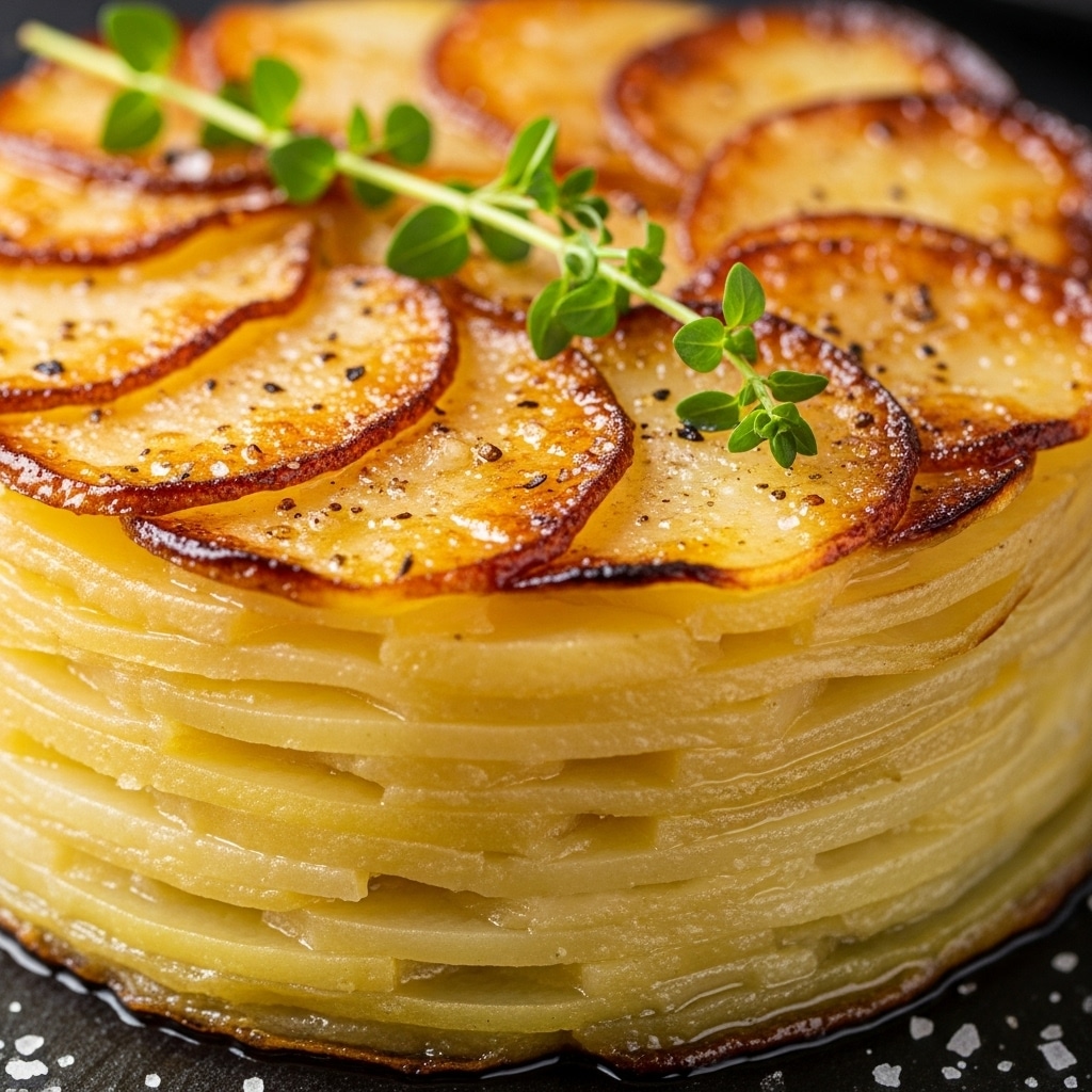 A close-up of a layered potato dish with multiple thin slices stacked neatly and baked to a golden brown on top. The top layer shows crisp, caramelized edges with a shiny, slightly oily texture, and a sprig of fresh green herbs rests diagonally over the center. The inner layers are soft, creamy, and light yellow, showing a smooth texture. The dish sits on a dark surface with some coarse salt scattered around. Photo taken with an iphone --ar 4:5 --v 7