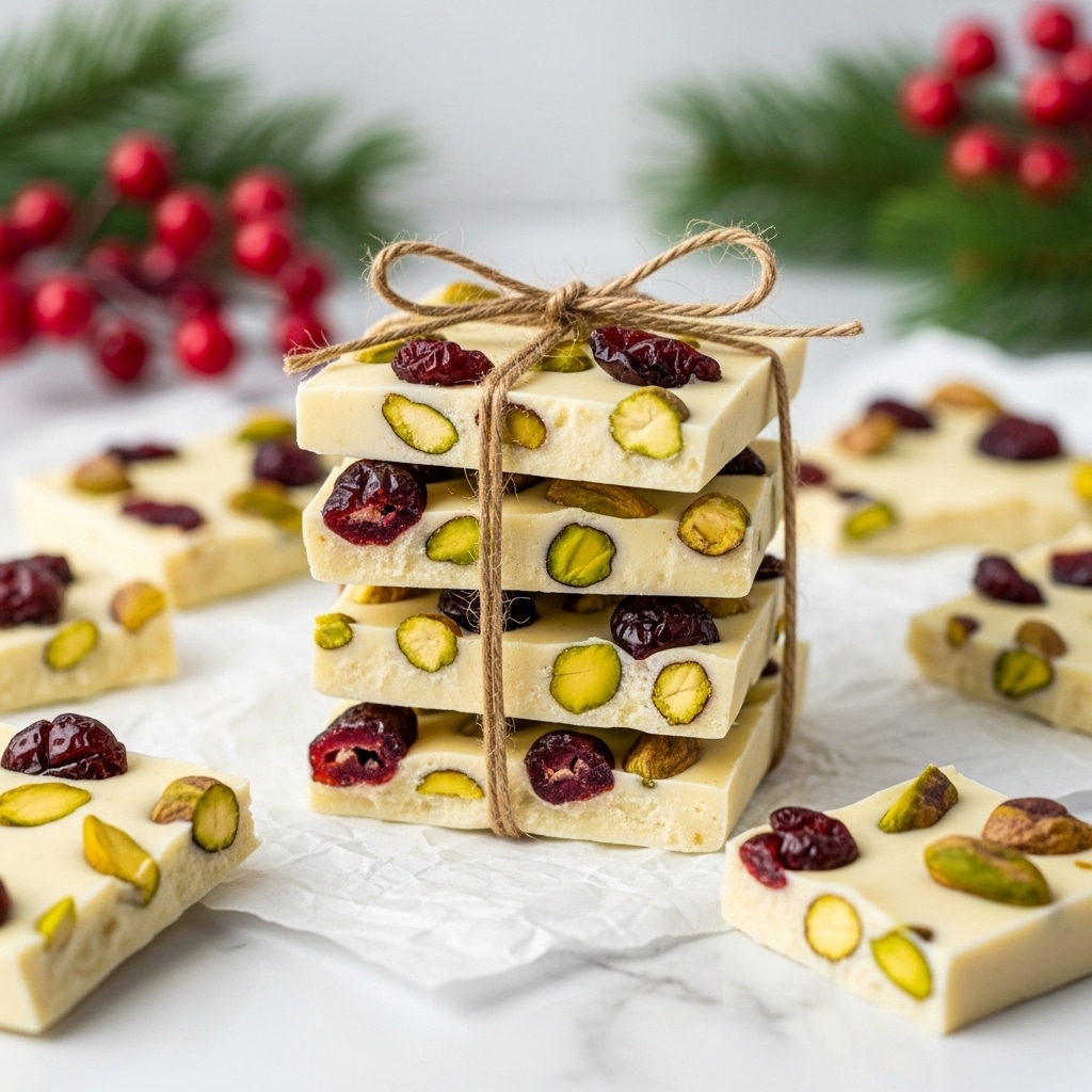 A stack of five square white chocolate bark pieces is tied together with a thin brown twine bow. The roughly cut pieces show visible dried cranberries and green pistachios embedded inside the creamy white chocolate. The bark has a smooth, glossy surface with scattered nuts and dried fruit peeking out. Around the stack, more broken pieces of the white chocolate bark rest on a crinkled white paper over a white marbled surface. Some red berries and green pine branches are softly blurred in the background. photo taken with an iphone --ar 4:5 --v 7