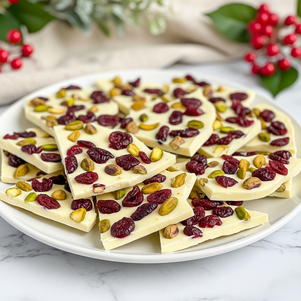 The image shows a white plate filled with multiple thin, irregularly shaped pieces of white chocolate bark, each piece embedded with a generous mix of dried cranberries and whole pistachios. The white chocolate pieces are layered slightly on top of each other, with the cream-colored chocolate smooth and glossy, contrasted by the deep red cranberries and greenish-brown pistachios scattered throughout. The plate sits on a white marbled surface, and there is a soft beige cloth and some greenery with red berries blurred in the background. photo taken with an iphone --ar 4:5 --v 7