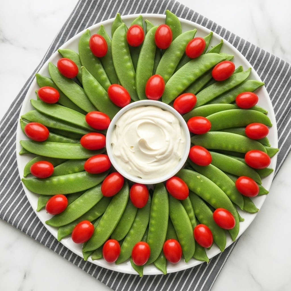 A large white plate is arranged with two main layers of fresh green snow peas spread evenly in a circular pattern around the plate. Bright red cherry tomatoes are scattered on top of the snow peas in groups, adding vibrant pops of color. In the center of the plate, there is a small white bowl filled with smooth, creamy white dip with a slight swirl texture on its surface. The plate sits on a gray-striped cloth on a white marbled surface. Photo taken with an iphone --ar 4:5 --v 7