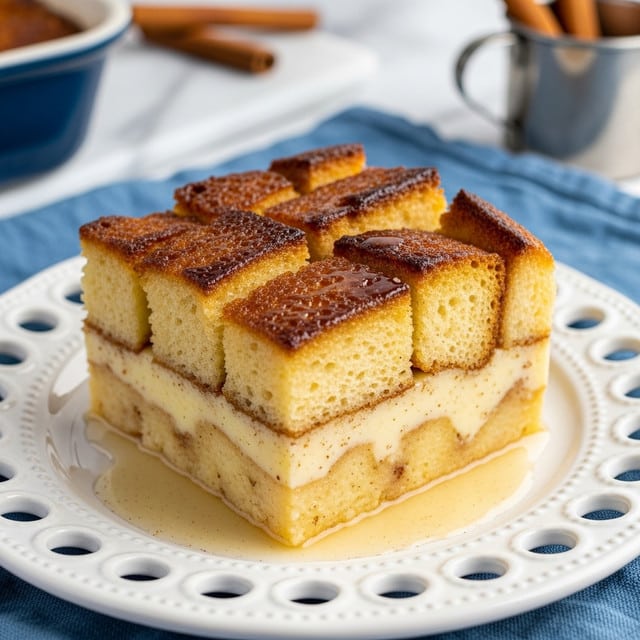 The image shows a baked dish in a white casserole with blue outer sides. The dish is filled with roughly 2 layers of golden brown toasted bread cubes that have a crispy texture on top. Between the bread cubes, there is a light yellow, custard-like liquid soaking the layers, creating a shiny, moist look. The bread pieces vary in size and have browned edges, showing a perfect bake. The casserole is placed on a white marbled surface with cinnamon sticks nearby. Photo taken with an iphone --ar 4:5 --v 7