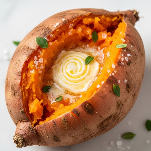 A close-up of a baked sweet potato split open to show soft, bright orange flesh inside with a swirl of melting white butter in the center. The skin is light brown with a rough texture and some dark spots. Small green herb leaves are scattered on the orange flesh along with flakes of coarse salt. The sweet potato rests on a white marbled surface. photo taken with an iphone --ar 4:5 --v 7