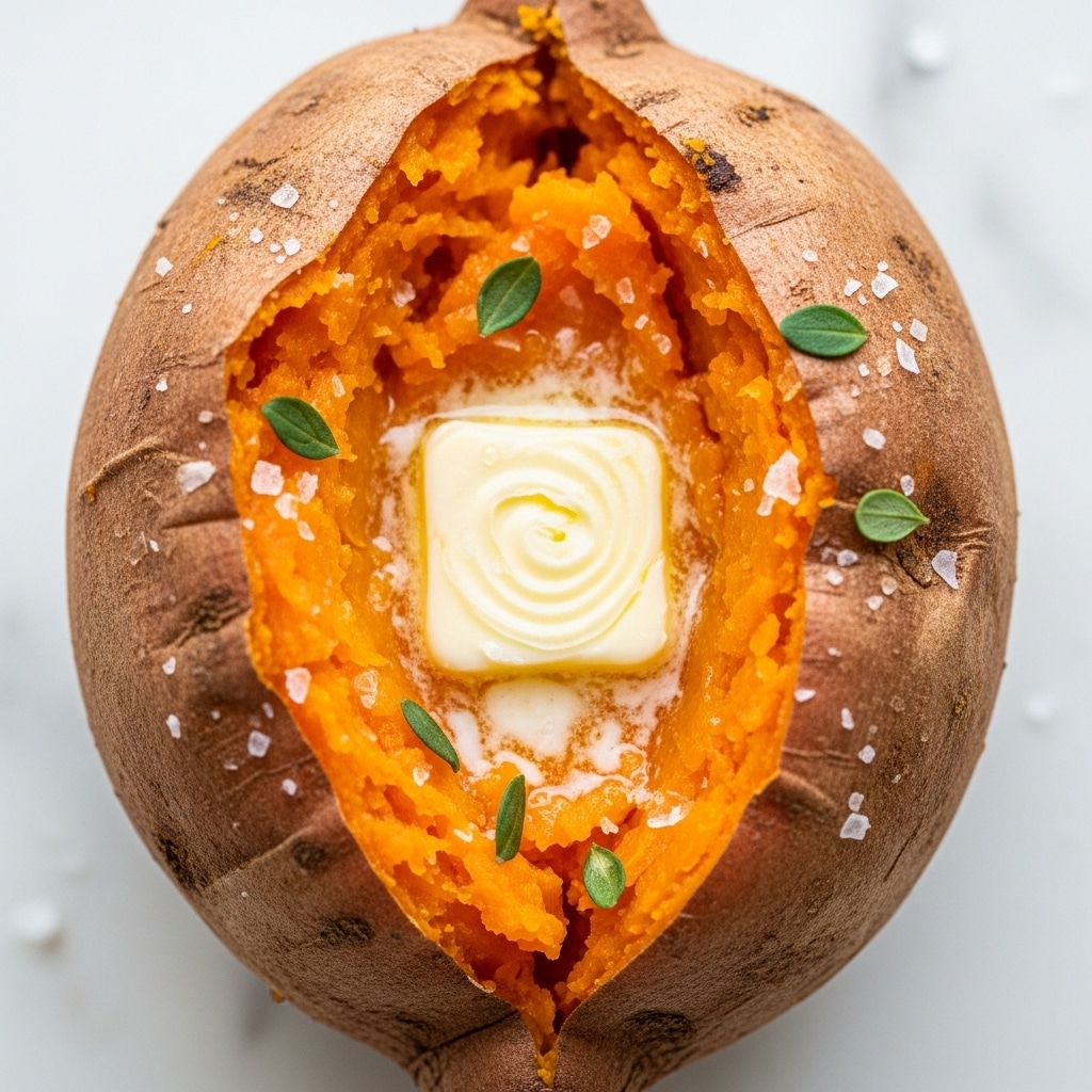 A baked sweet potato is split open on a white marbled surface, showing one thick layer of soft, bright orange, mashed inside. The skin is brown with dark spots and wrinkles, surrounding the fluffy orange filling. On top of the mashed sweet potato sits a small square piece of white butter melting slightly, with tiny sprinkles of green herbs scattered around. The texture of the inside looks smooth but slightly rough with visible cracks. photo taken with an iphone --ar 4:5 --v 7