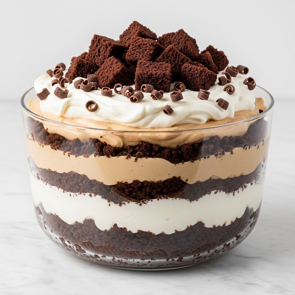 A clear glass bowl shows a layered dessert with five visible layers, set on a white marbled surface. The bottom layer is dark brown and crumbly, looking like crushed chocolate cake or cookie crumbs. Above it is a thick light brown creamy layer, smooth and rich in texture. Next is a thick white soft layer that looks like whipped cream. Another thick dark brown crumbly layer sits above this white layer, similar to the bottom. On top of that is a light brown creamy layer again, followed by a thick white whipped cream layer with small chocolate curls sprinkled on it. The dessert is topped with chunks of dark chocolate cake, adding texture and contrast. photo taken with an iphone --ar 4:5 --v 7