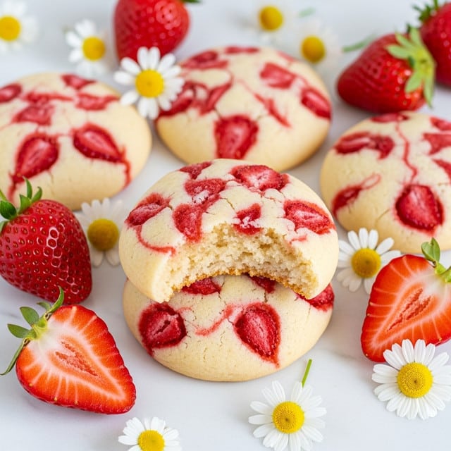 The image shows a close-up of several soft, round cookies with light beige dough swirled with red strawberry patterns spread unevenly on each cookie, giving a marbled look. One cookie is placed on top of another, with a bite taken from the top cookie, revealing a light and crumbly inside texture. Around the cookies are fresh whole and halved bright red strawberries, and small white chamomile flowers with yellow centers are scattered among them. All of these rest on a white marbled surface, creating a fresh and inviting scene. photo taken with an iphone --ar 4:5 --v 7