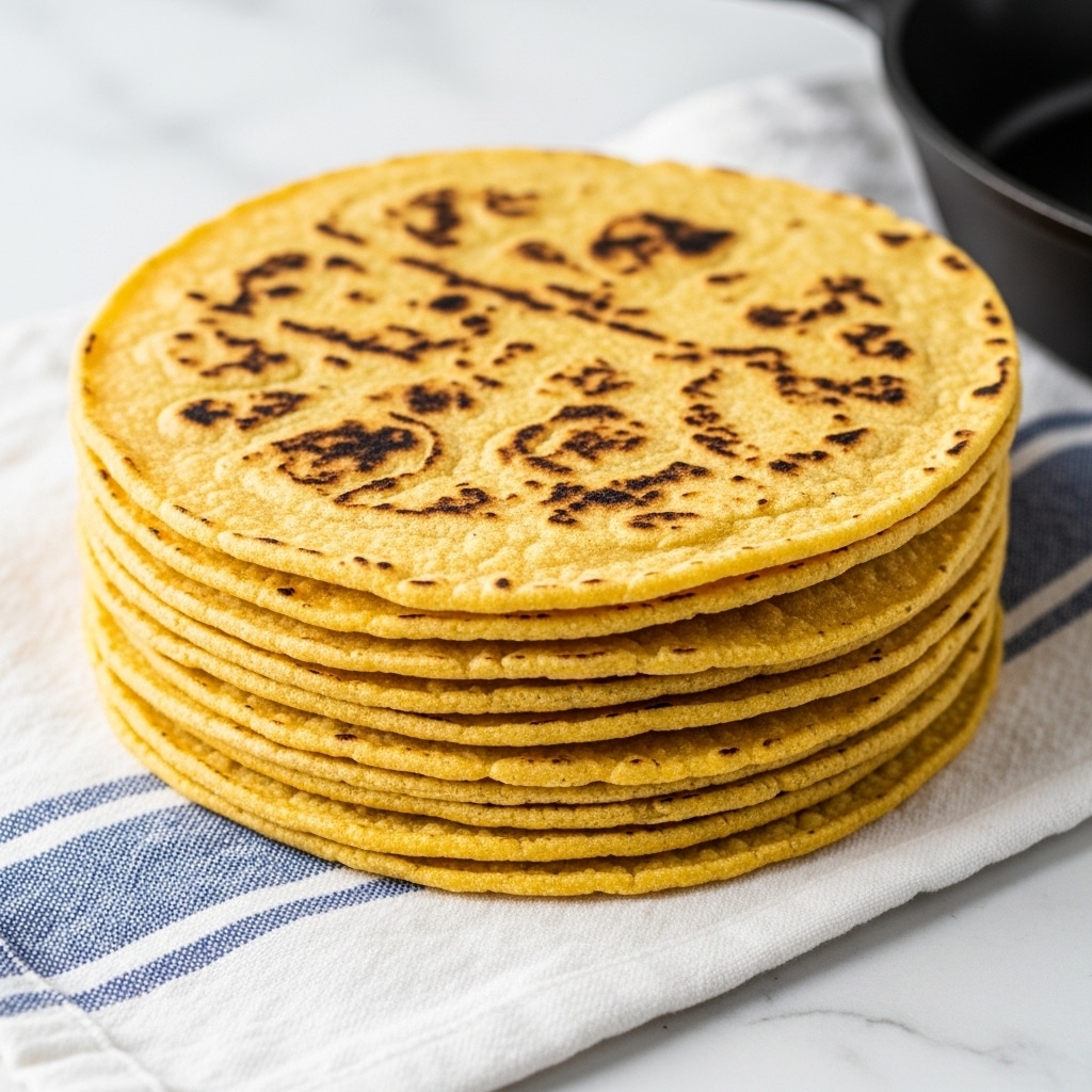 A close-up view of a stack of round, thin corn tortillas with a slightly rough texture and some light brown spots from cooking. The stack has about twelve tortillas, folded in half and arranged leaning against each other. The tortillas are a warm yellow color and look soft yet firm. They rest on a white and blue striped cloth on a white marbled surface, with the edges of the cloth slightly wrinkled around the tortillas. Photo taken with an iphone --ar 4:5 --v 7