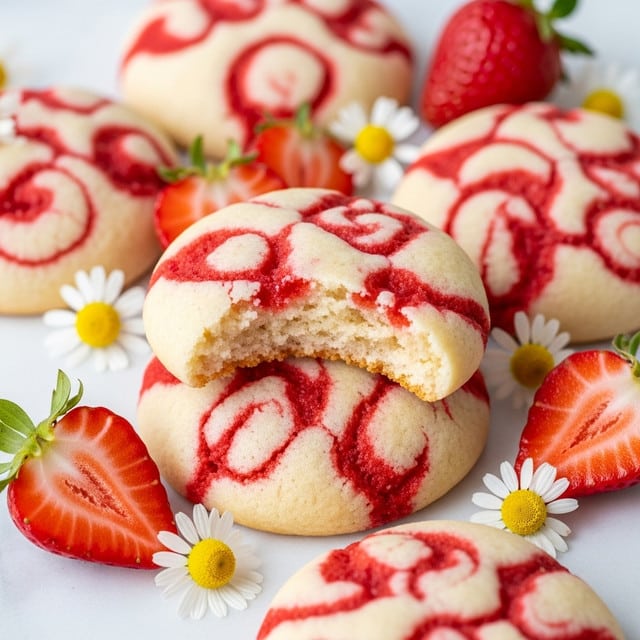 A close-up shot shows seven round cookies arranged in a loose circle on a white marbled surface, each cookie light beige with red swirls that look like strawberry jam spread unevenly on top, giving a marbled effect. Around the cookies, there are whole red strawberries with green leaves and some halved strawberries showing their bright red inside. Small white daisy flowers with yellow centers are scattered between the cookies and strawberries, adding a fresh, natural touch. The cookies have a soft, slightly cracked texture, and the rich red color contrasts with the pale cookie base. Photo taken with an iphone --ar 4:5 --v 7