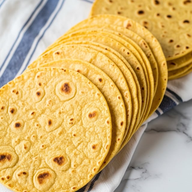 A stack of about seven golden yellow corn tortillas with brown char marks is resting on a white cloth with blue stripes. The tortillas have a slightly rough texture with some uneven browning on the surface and edges. They are piled neatly, showing the round shape and thinness of each tortilla. The background is a white marbled texture, with parts of a dark cast iron pan slightly visible in the upper right corner. photo taken with an iphone --ar 4:5 --v 7