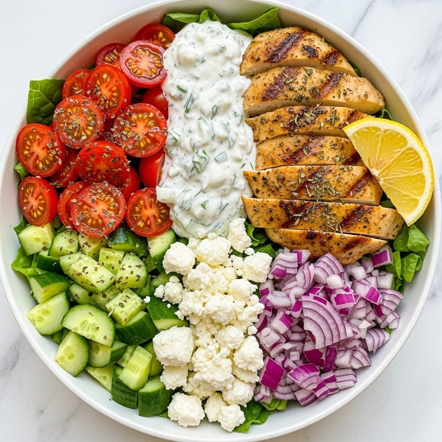 The image shows a white bowl filled with six main layers arranged side by side. On the top right, there are grilled chicken slices with a golden-brown char and herbs, next to a wedge of lemon. To the left of the chicken, there is a creamy white sauce mixed with green herbs. Below the sauce, there is a pile of crumbled white cheese. On the bottom right, finely chopped red onions form a colorful layer. On the bottom left, there are diced cucumbers with a fresh green color. On the top left, there are bright red cherry tomatoes cut in halves and sprinkled with herbs. All ingredients sit on a base of green lettuce, and the bowl is placed on a white marbled surface. photo taken with an iphone --ar 4:5 --v 7