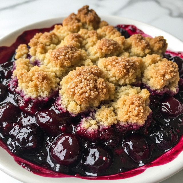The image shows a close-up of a cobbler with two main layers. The top layer is golden brown and crumbly with a sugar-crystal-like texture, showing small cracks and an uneven surface. Below this, a thick, glossy dark purple berry filling oozes out with visible berry pieces and a shiny, wet texture. The background is a white marbled texture. photo taken with an iphone --ar 4:5 --v 7