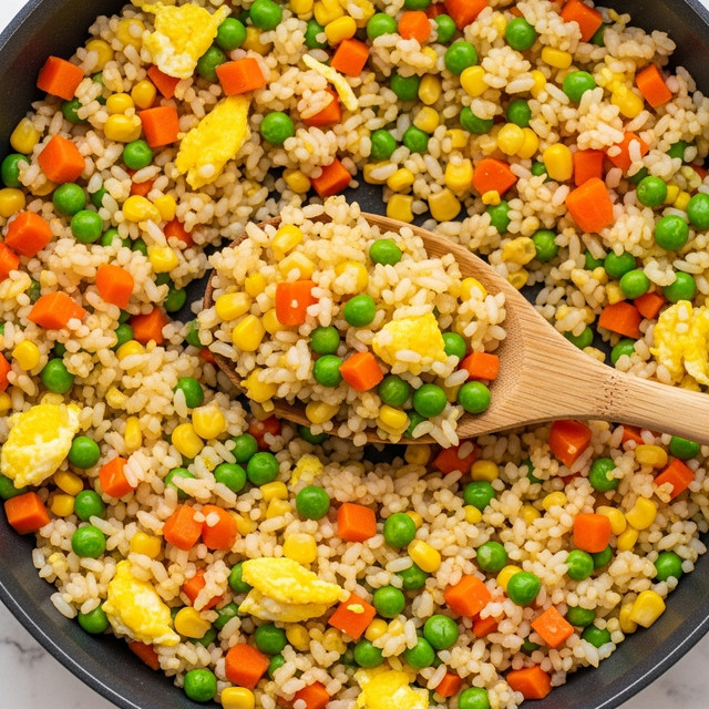 A close-up of a pan filled with fried rice showing a mix of white cooked rice grains, small cubed orange carrots, bright green peas, and yellow corn kernels spread evenly throughout. There are also bits of scrambled egg in light yellow scattered among the rice. A wooden spoon is scooping a portion of the fried rice, highlighting the textured and colorful mix of ingredients within the pan against a white marbled background. Photo taken with an iphone --ar 4:5 --v 7