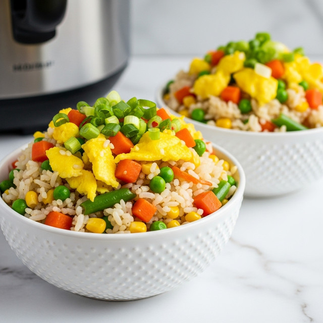 The image shows two white textured bowls filled with fried rice, placed on a white marbled surface. The rice dish has multiple visible layers of ingredients mixed together: white grains of cooked rice, bright yellow scrambled egg pieces, small orange carrot cubes, green peas, yellow corn kernels, and chopped green onions sprinkled on top. The colors are vibrant, making the rice look fresh and appetizing. In the background, part of a stainless steel kitchen appliance is visible, adding a home-cooked feel to the scene. Photo taken with an iphone --ar 4:5 --v 7