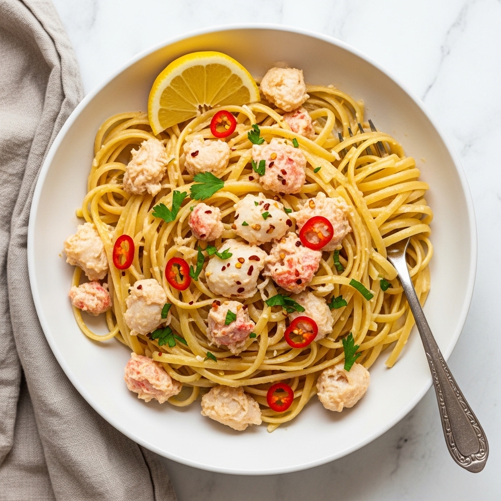 A white bowl filled with a neat pile of yellowish linguine pasta mixed with creamy chunks of white and pink seafood pieces, sprinkled with chopped green herbs and red chili flakes. A lemon wedge rests on the side near the top edge of the bowl. A silver fork lays on the right side of the bowl, partially buried in the pasta. The bowl sits on a white marbled surface with a folded light brown cloth partially visible on the left side photo taken with an iphone --ar 4:5 --v 7