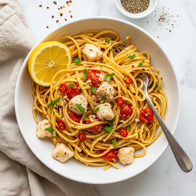 A white bowl filled with a layered dish of light golden-yellow linguine pasta mixed with small chunks of white fish and finely chopped tomatoes, creating a mixed texture of smooth noodles and slightly chunky sauce. The pasta is garnished with bits of green parsley and red chili flakes sprinkled throughout. On the edge of the bowl, there is a bright yellow lemon wedge adding a pop of color, and a silver fork rests inside the bowl, partially twirling the pasta. The bowl is placed on a white marbled surface with a beige linen cloth folded to the side and a small white bowl containing ground black pepper in the upper area of the image. Photo taken with an iphone --ar 4:5 --v 7